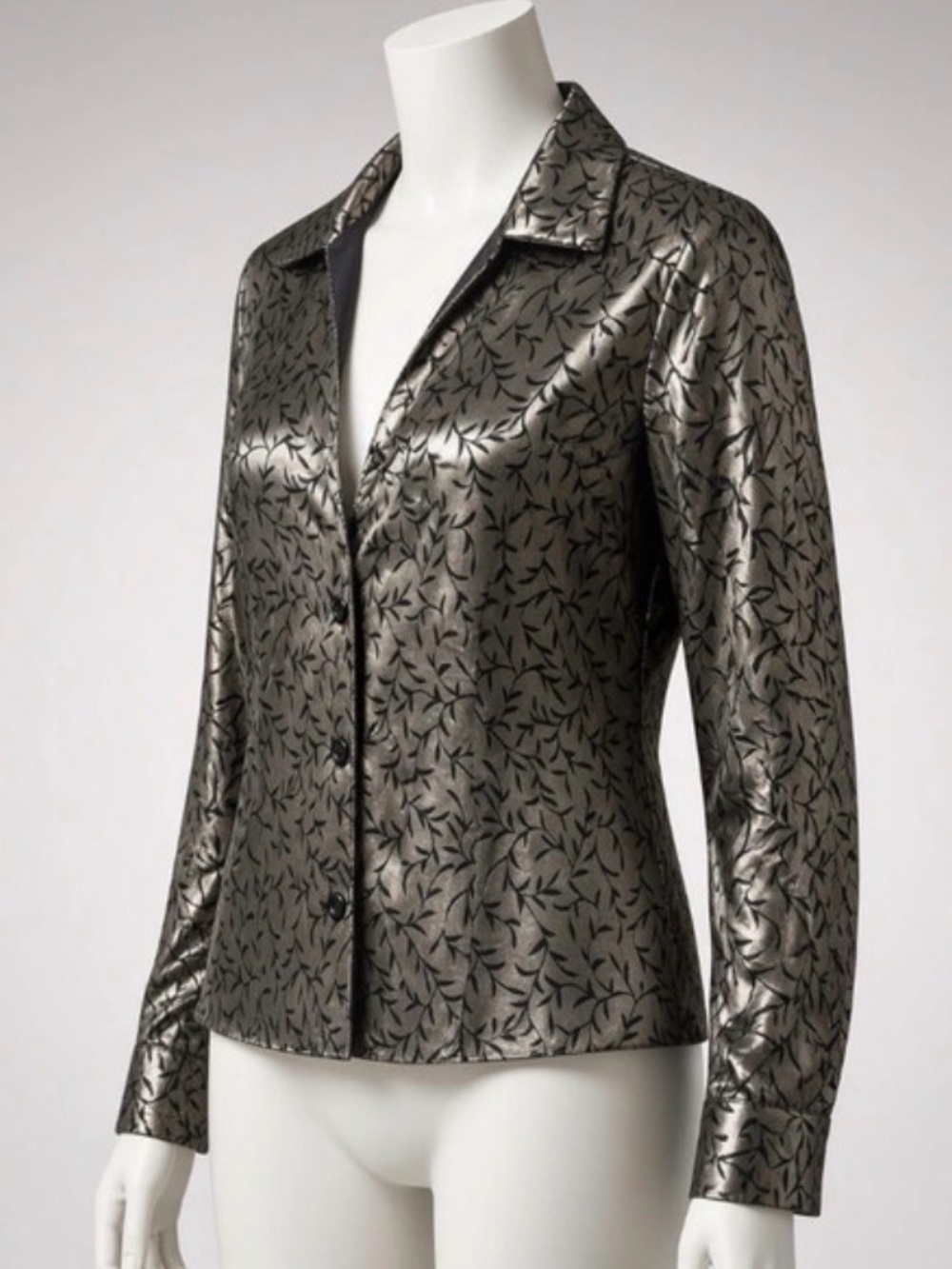 dressbarn Metallic Silver-Black Leaf Print Blazer